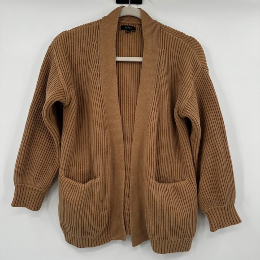 Quinn Tan Ribbed Open Cardigan with Patch Pockets